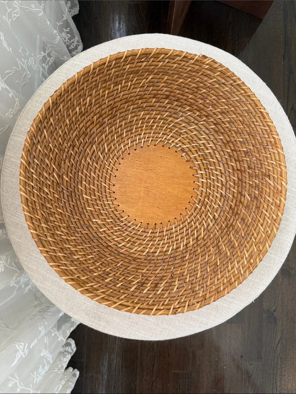 Vintage Handwoven Rattan Round Basket Wood Base - 13”
